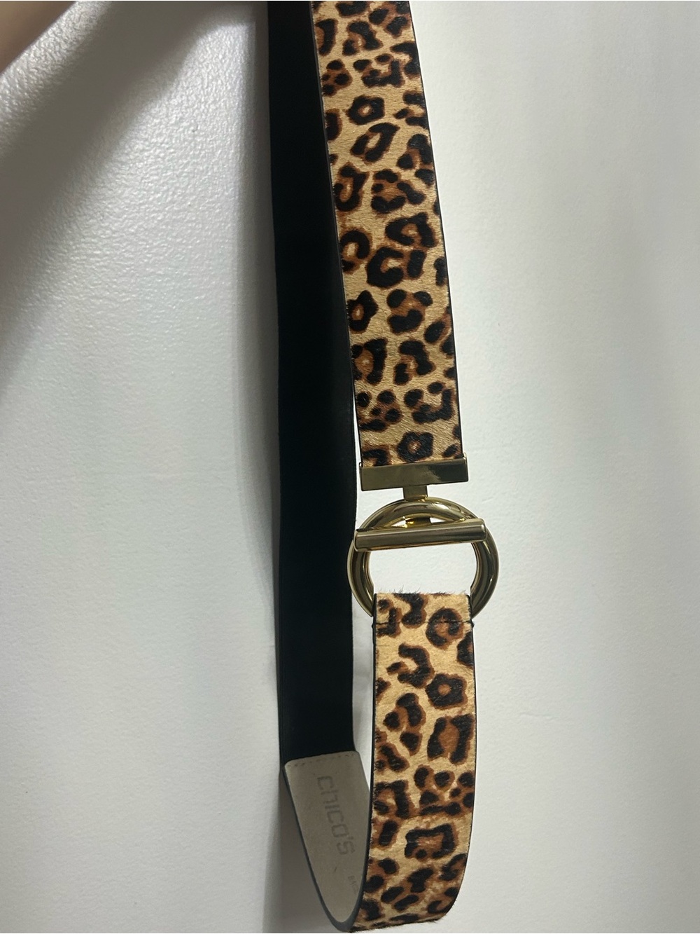 Chico's Leopard Print Belt with Gold Circle Toggle and Calf Hair Genuine Leather